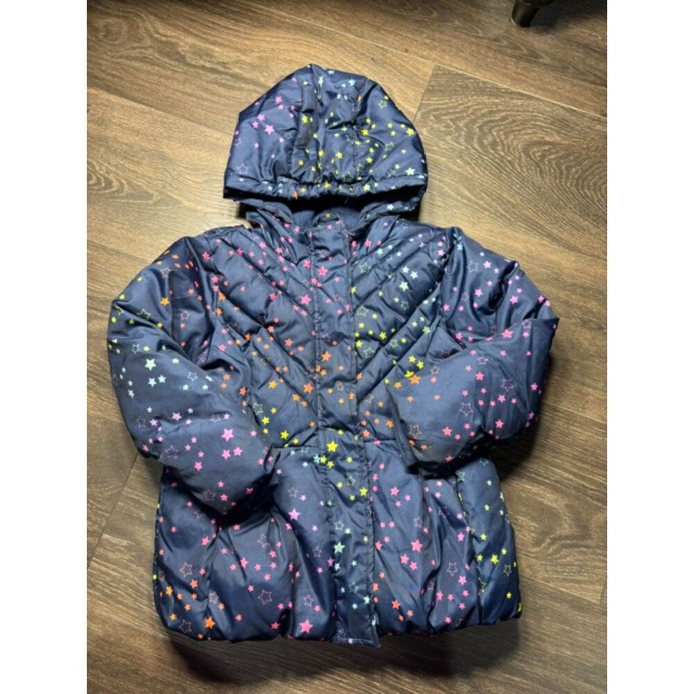 Girls 3T Navy Blue Puffer Jacket Multicolor Star Print Hooded Winter Coat
